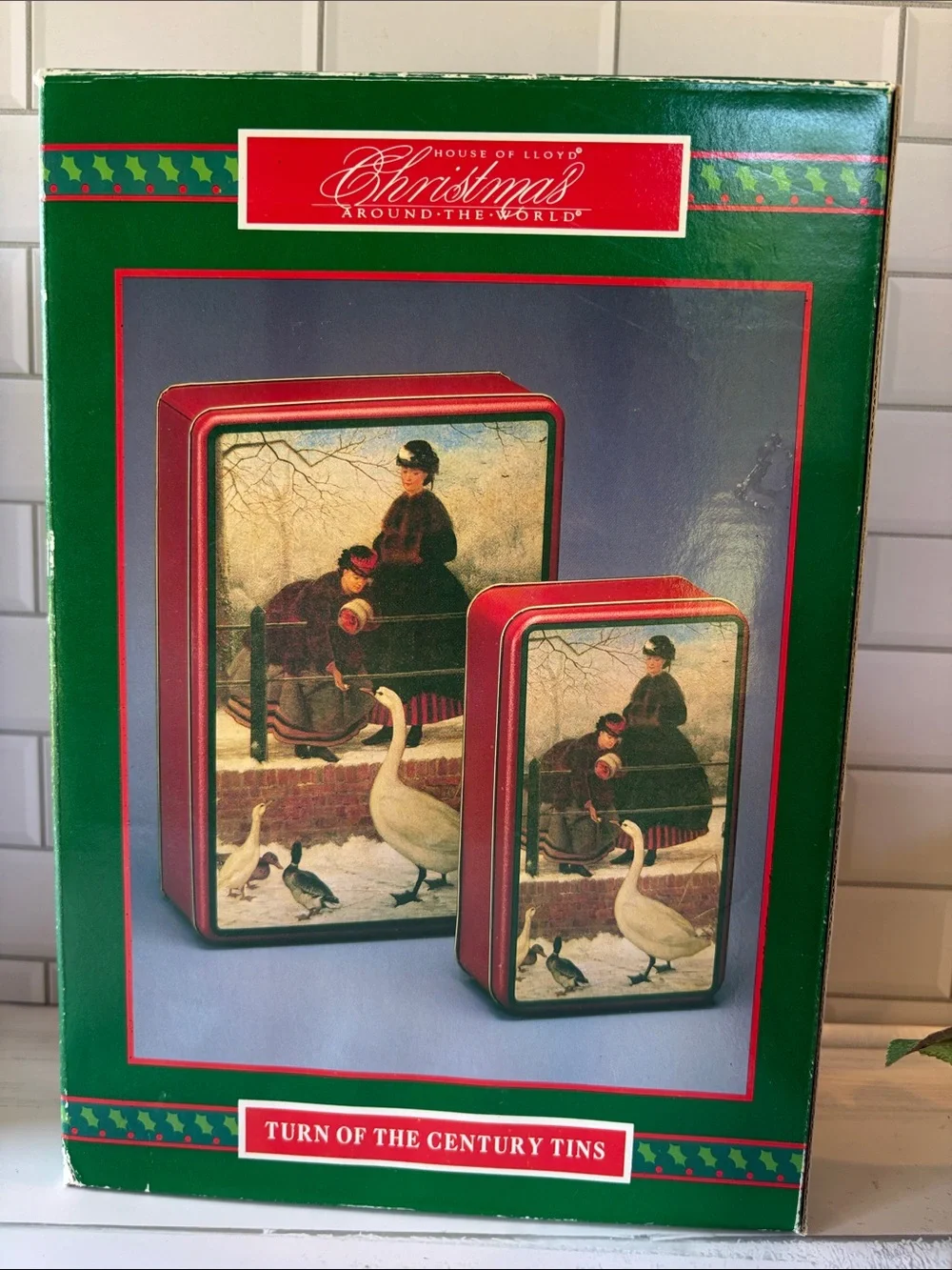 Vintage Swan Scene Decorative Tins- Red Trim